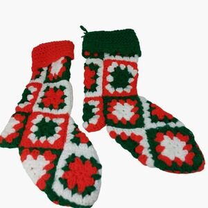 Set of Two Crocheted Granny Square Green Red White Christmas Stocking 16"